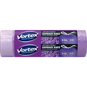 Пакеты для мусора Vortex HDPE с затяжкой фиолетовые с ароматом лаванды 35 л х 15 шт — фото 1