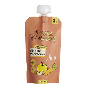 Пюре фруктовое Mark&Mart &laquo;Запечённые яблочко и морковка&raquo; без сахара для детей 120 г — фото 1