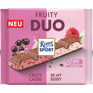 Шоколад Ritter Sport Duett молочный с йогуртом, чёрной смородиной, малиной и рисовыми хлопьями 218 г — фото 1