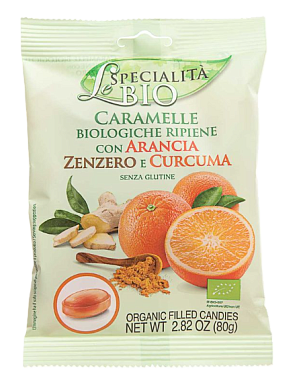 Льодяники Le Specialitа Bio з апельсином, імбирем і куркумою 80 г — фото 1
